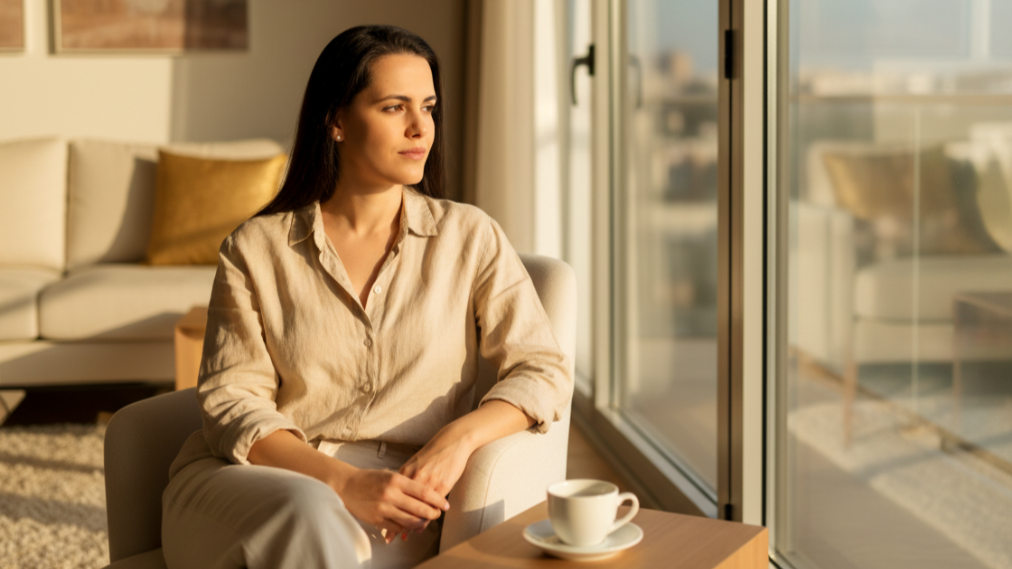 Mujer latina mirando por la ventana en un momento de reflexión personal sobre el éxito y el autoconocimiento